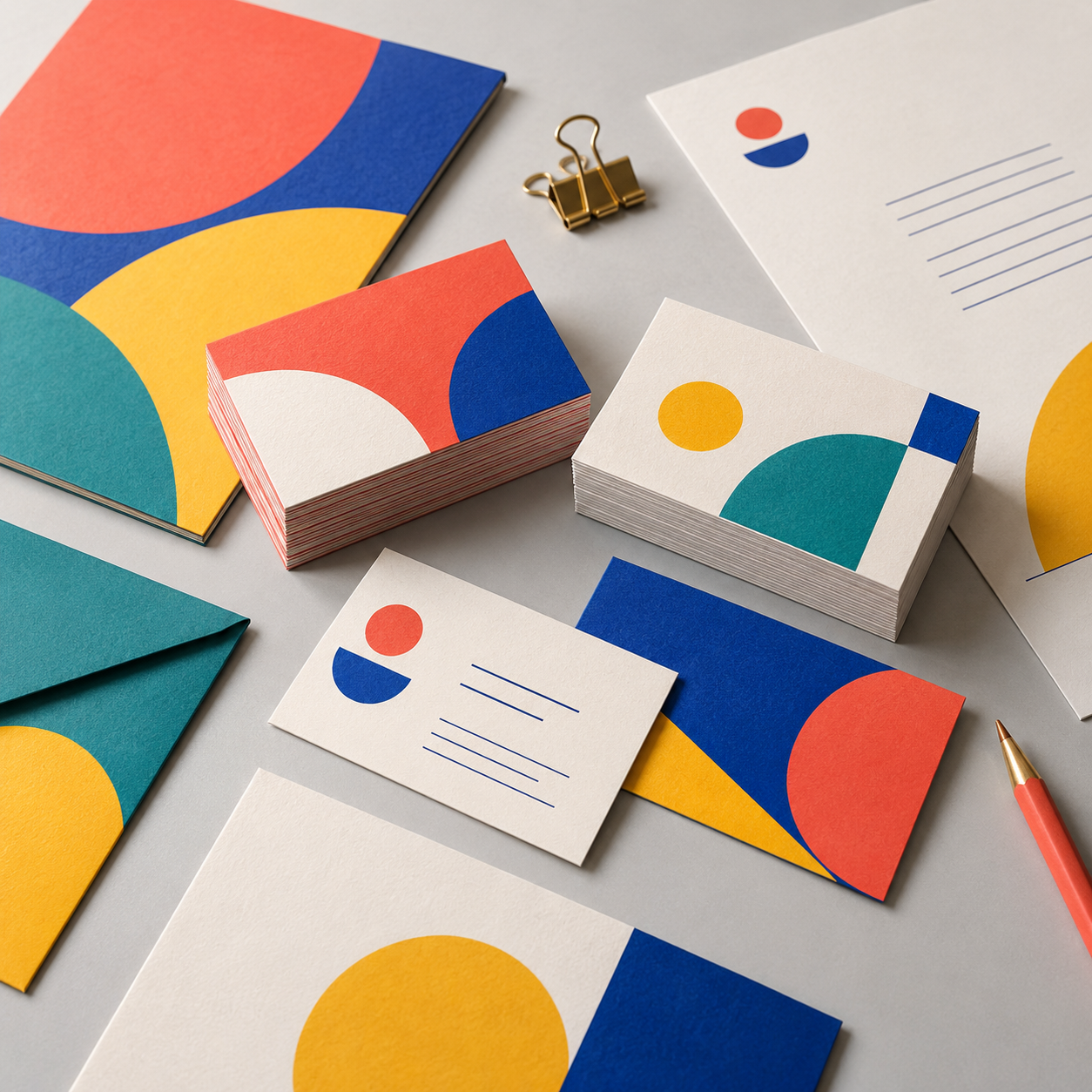 Conjunto ilustrativo de cartões, folders e materiais impressos sem marca de cliente